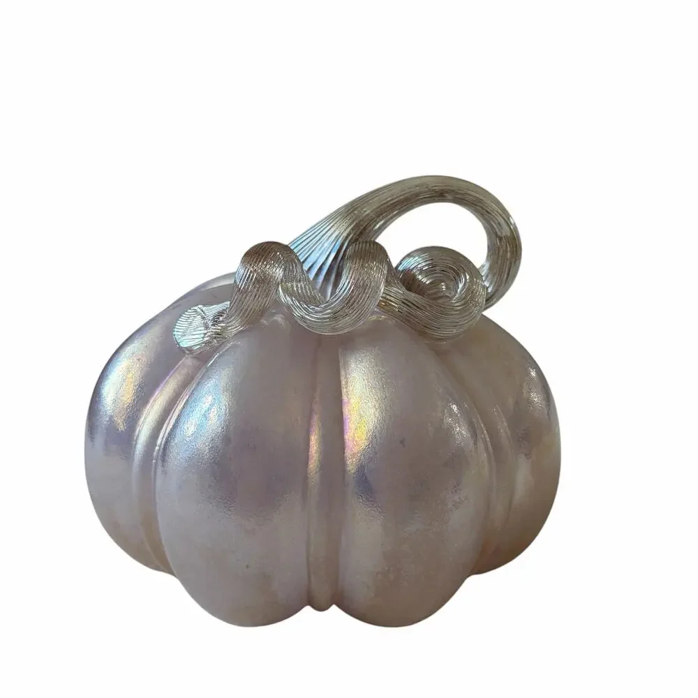 Hand Blown Art Glass Pumpkin 6in Iridescent Pink Chic Fall Designer Decor NEW